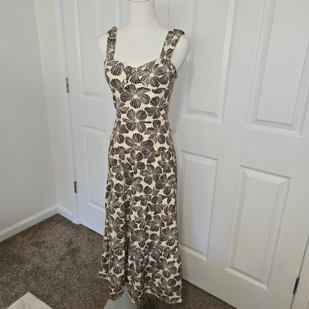Japsae 2 Piece Maxi Skirt Set Womens S Brown Cream Floral Cotton Crop Top Tiered